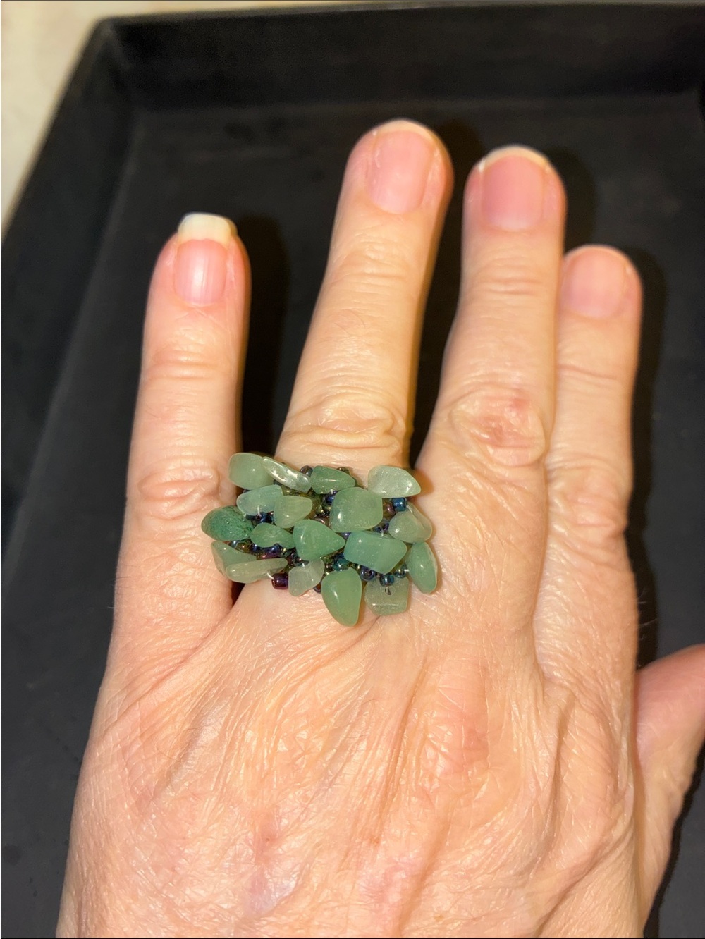 Green Bead Cluster Statement Stretch Ring